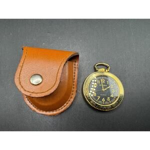 Vtg Milan Men’s Quartz Pocket Watch Black Dial w/ Leather Case 41.6mm MLN1070